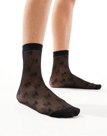 sparkle bow sheer socks in black