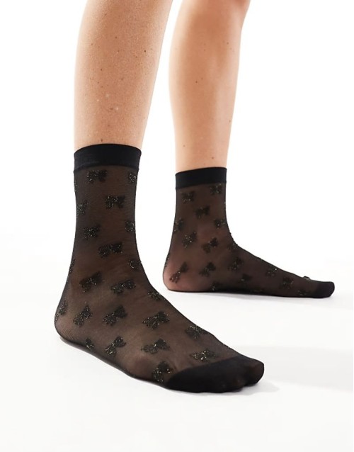 sparkle bow sheer socks in black