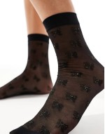 sparkle bow sheer socks in black