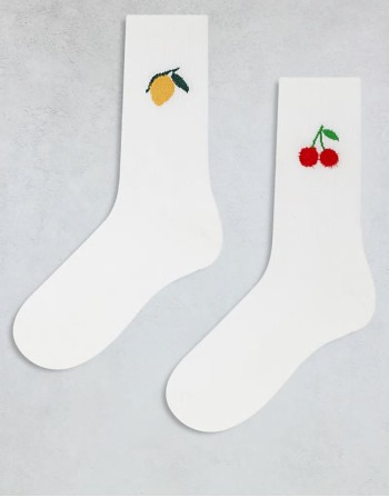 2 pack lemon & cherry embroidery sock in white