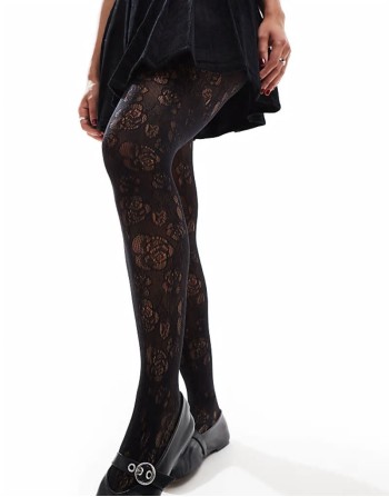 romantic floral lace tights in black