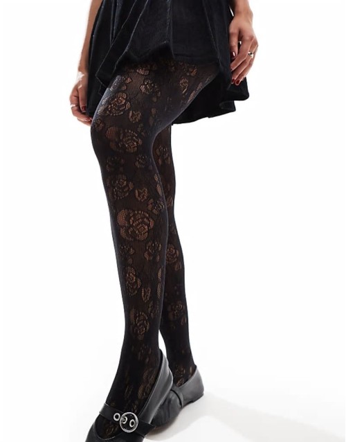 romantic floral lace tights in black