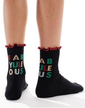 Christmas slogan sock with frill edge in black