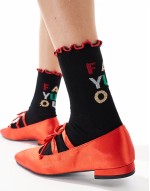 Christmas slogan sock with frill edge in black