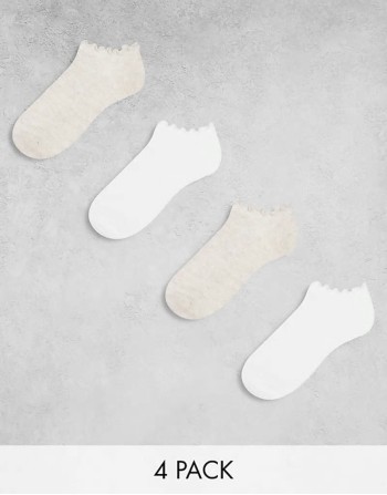 4-pack ribbed ankle socks with frill edge in white and beige