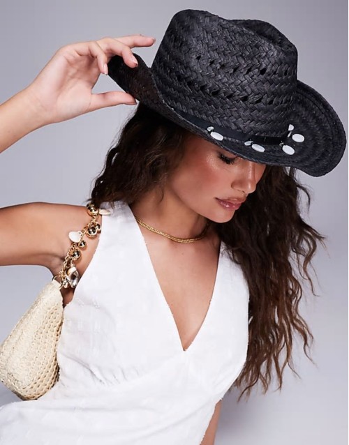 straw fedora hat with stone embellished band in black