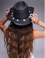 straw fedora hat with stone embellished band in black