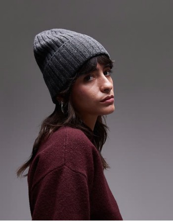 merino wool double fold ribbed beanie hat in dark grey melange
