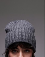 merino wool double fold ribbed beanie hat in dark grey melange