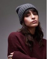 merino wool double fold ribbed beanie hat in dark grey melange