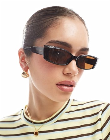 equinox pointed rectangle sunglasses in black with brown lens