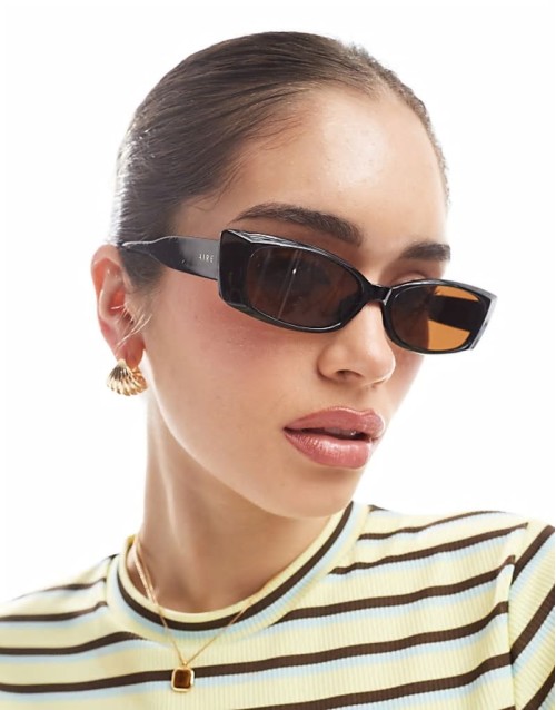 equinox pointed rectangle sunglasses in black with brown lens