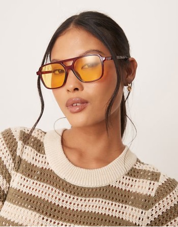 aviator sunglasses in red with yellow lens