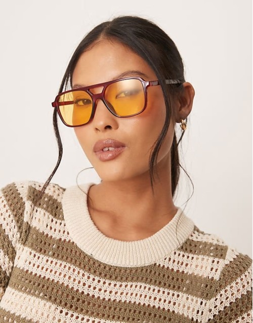 aviator sunglasses in red with yellow lens