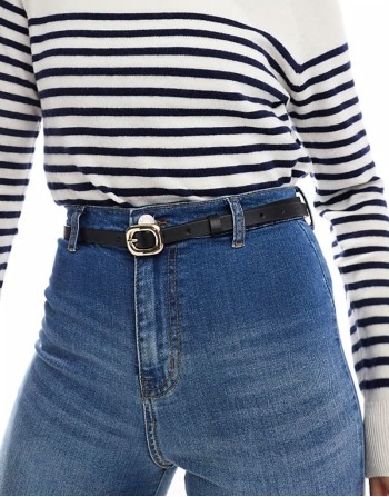 waist and hip skinny belt with bubble rectangle buckle detail in black