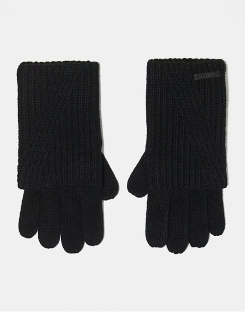 ribbed leather logo gloves in black