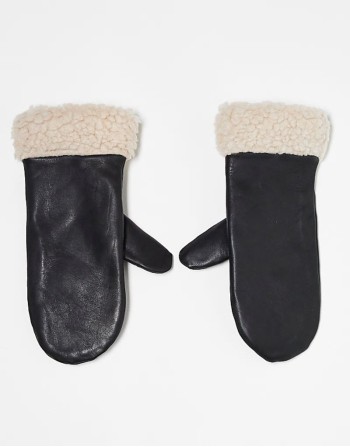 real leather mittens with borg trim in black