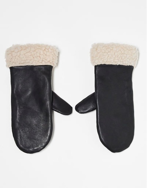 real leather mittens with borg trim in black